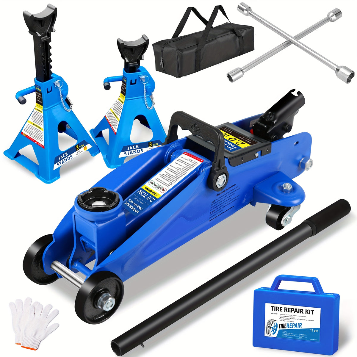 Hydraulic Floor Jack Kit 2/2.5/3 Ton Low Profile Trolley Jack with Jack Stands, Tire Repair Kit, Wheel Wrench & Wheel Chock Combo - Red/Blue