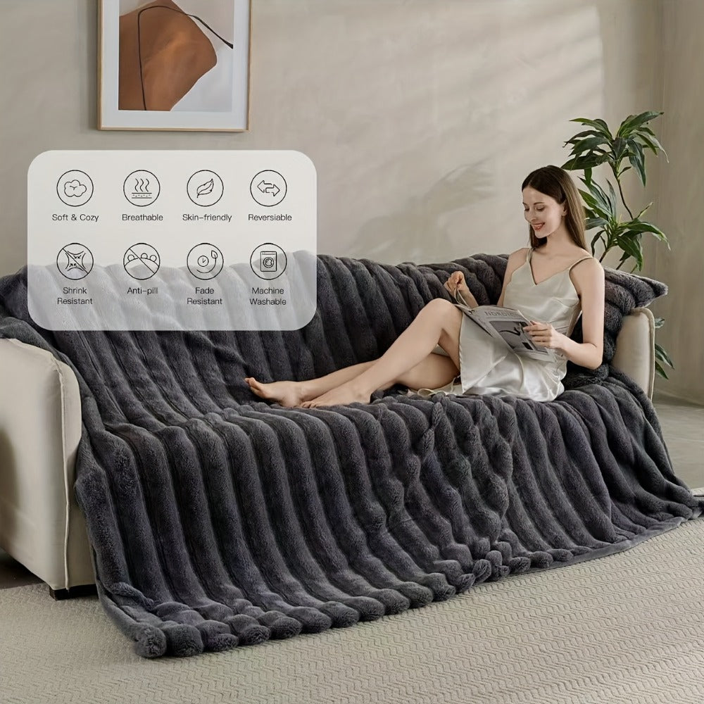Double-Layer Faux Rabbit Fleece Blanket in Grey, Khaki or Beige with Five Sizes from Small Throw to King