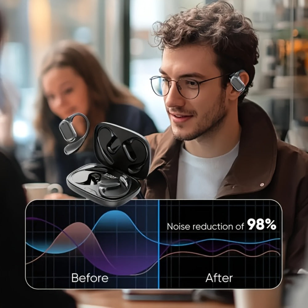 PAVUN Bluetooth 5.4 Open Ear Wireless Earbuds, ENC Noise Cancelling 9D Stereo Bass Sport Earphones, 24H Playtime Lightweight On-Ear Headphones with Mic for iOS Android Work Gym Daily Use