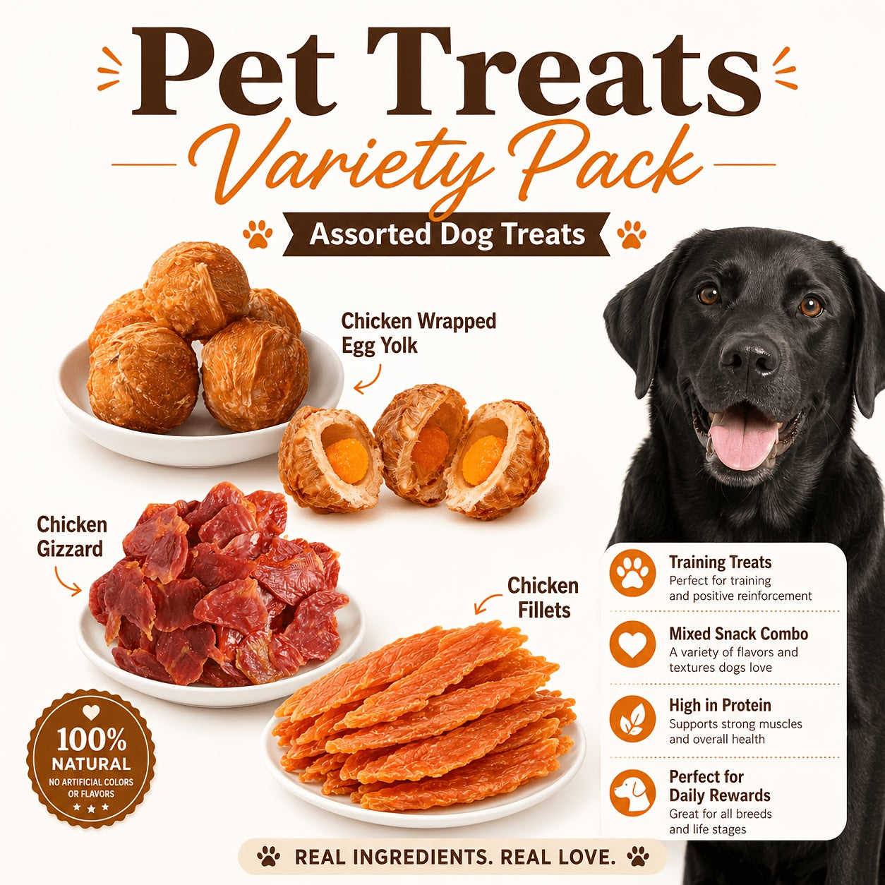 Dog Treats Duck Jerky, Chicken Pieces and Beef Sausage Assortment with Four Retained Flavor Options