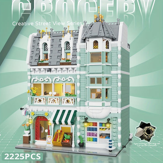 Modular City Building Blocks Set – European Architecture Grocery Store & Market Street, 3-Level Mini Brick Model Kit for Adults & Teens, Creative Assembly Home Decor Display Piece, Great Gift