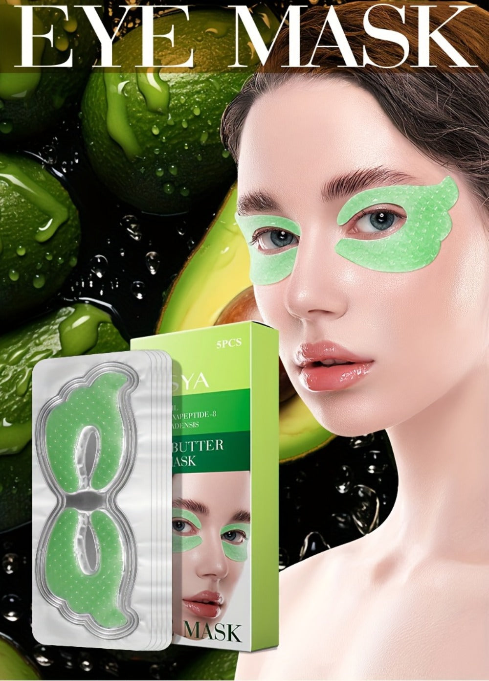 Three-Box Avocado-Print Under-Eye Patch Set with Green Individual Packs and Shea Butter Package Wording