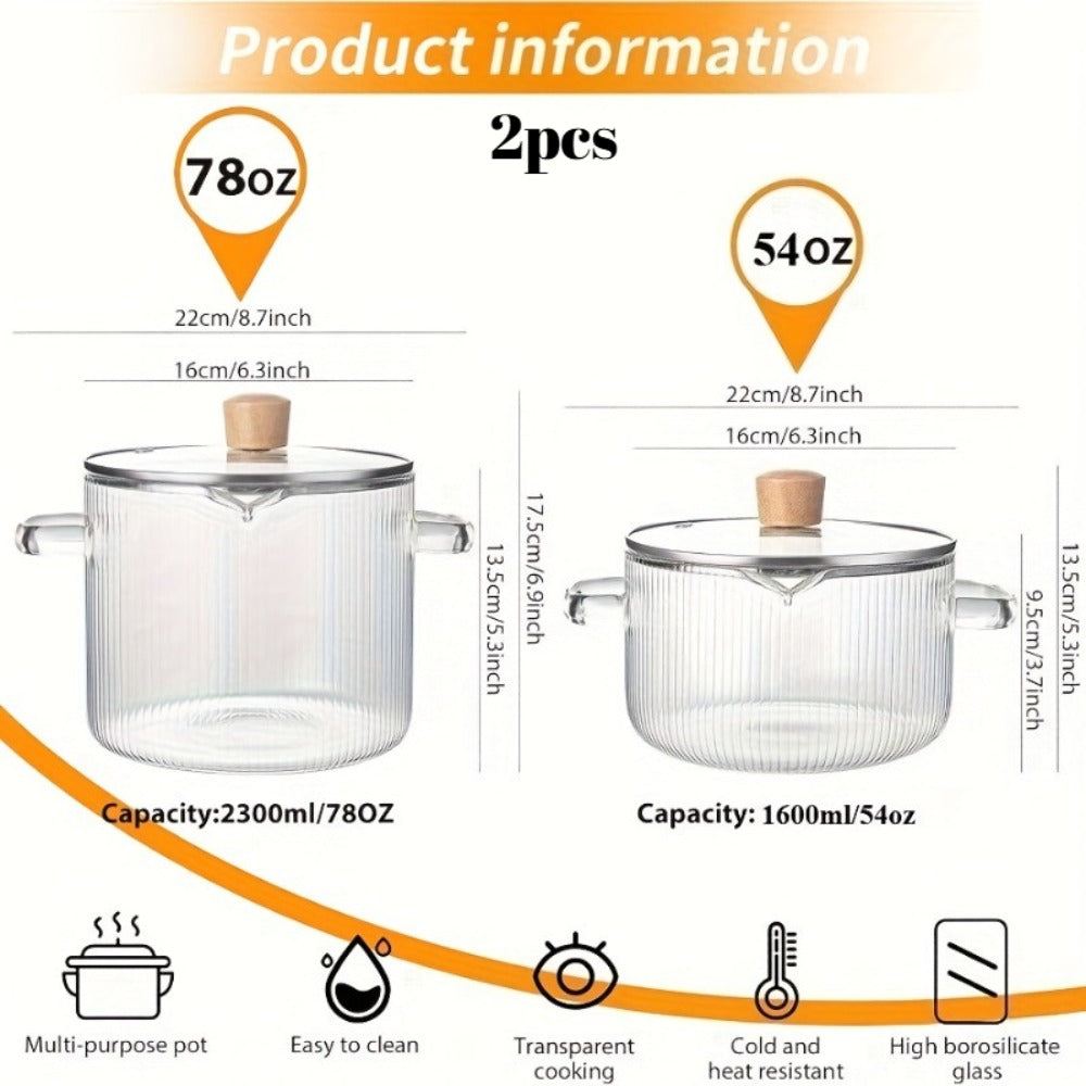 Glass Saucepan Set 2-Pack Stovetop Safe Borosilicate Ribbed Pots with Lids – 78oz & 54oz Heat Resistant Cookware for Soup, Ramen, Milk | Transparent Glass Pot Kitchen Cooking Set with Baking Mat