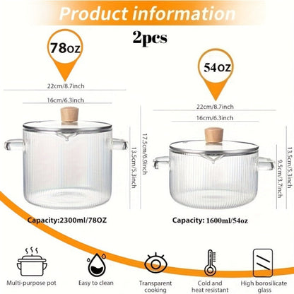 Glass Saucepan Set 2-Pack Stovetop Safe Borosilicate Ribbed Pots with Lids – 78oz & 54oz Heat Resistant Cookware for Soup, Ramen, Milk | Transparent Glass Pot Kitchen Cooking Set with Baking Mat