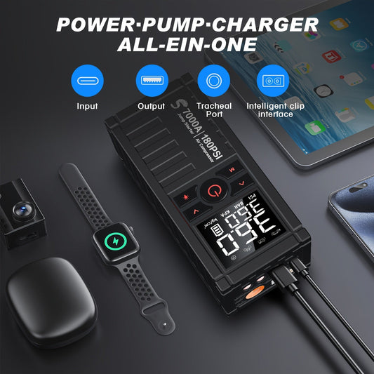 7000A Jump Starter 8-in-1 29800mAh with Air Compressor Tire Inflator SOS LED Flashlight Power Bank for 10L Gas 8.5L Diesel Cars Trucks RV Motorcycle Boat