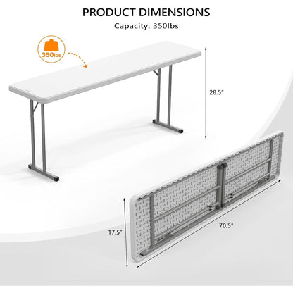 Narrow White 6-Foot Portable Folding Table with Rectangular Top and Folding Gray Leg Frame