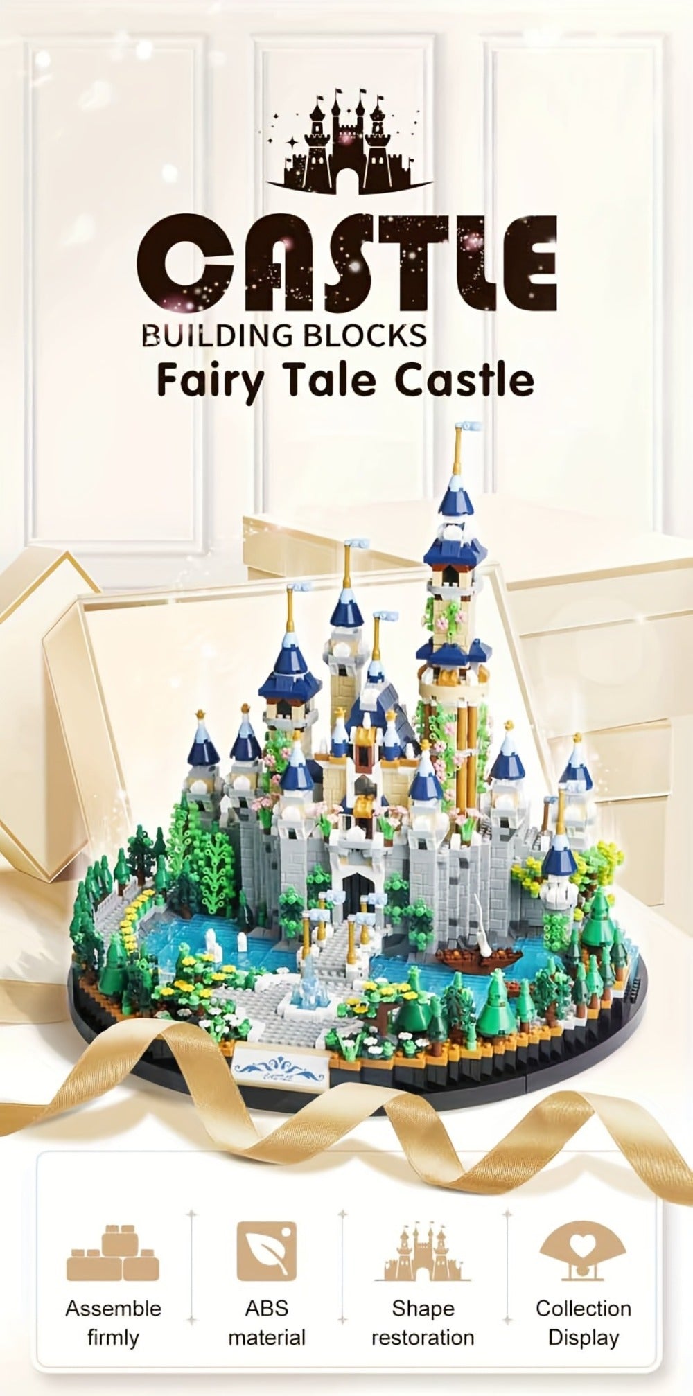 Fairytale Princess Castle Micro Building Block Set with 3,600 Pieces, 26 cm Display Base for Ages 14+
