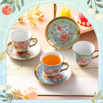 Twelve-Piece Floral Tea Cup and Saucer Set with Six 5.4-Ounce Cups and Six Matching Saucers