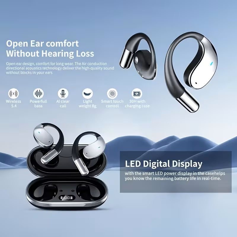 Bone Conduction Headphones Bluetooth 5.4 Open Ear Sport Earbuds 80H Battery LED Display Stereo Bass Noise Canceling Mic Type-C Charging Gift for Dad Men Women Running Cycling