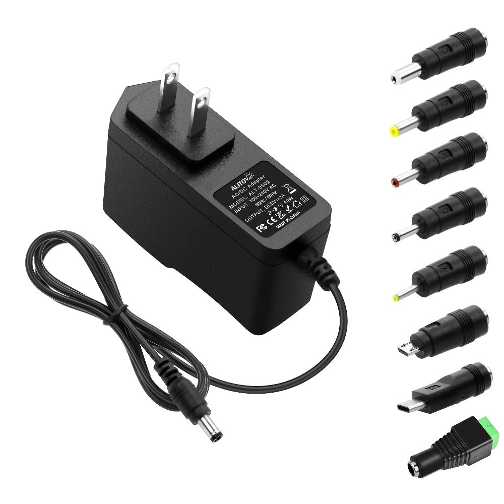 Fixed 5V 2A 10W AC/DC Power Adapter with Eight Tips, Type-C, Micro-USB and Barrel Connectors