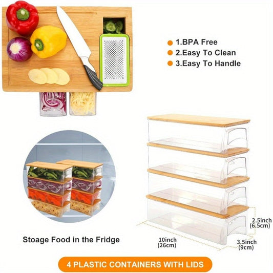 Bamboo Cutting Board with Trays & Drawers – Large Butcher Block Chopping Board with Food Sliding Opening, Stackable Airtight Storage Trays & Bamboo Lids – Kitchen Carving Board Gift for Home Cooks