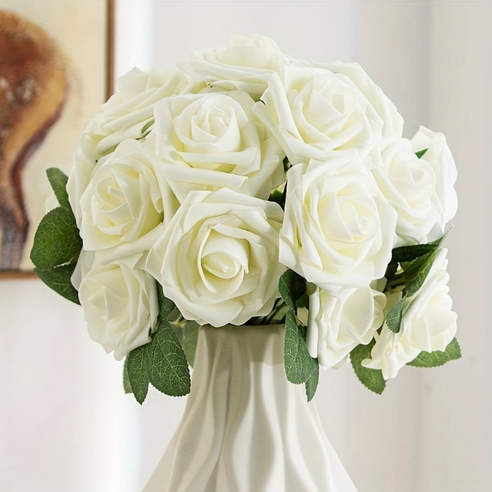 Artificial Flowers 50-Piece White Silk-Style Rose Set with Stems for Wedding Bouquets and DIY Decor
