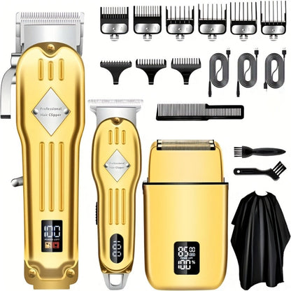 Hair Clippers & Trimmers Three-Piece Set with Full-Size Clipper, T-Blade Detailer, Foil Shaver and LCD Displays