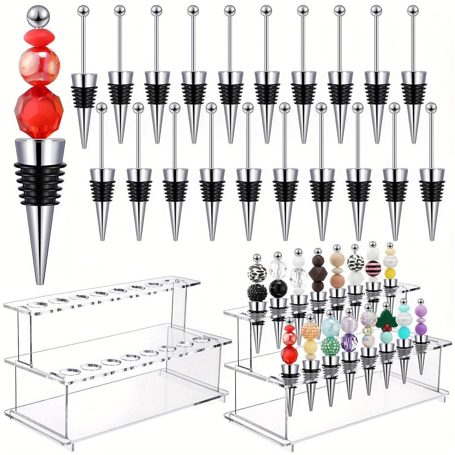 Twenty-Piece Beadable Wine Bottle Stopper Set with Silver-Tone Stems and Clear Two-Tier Display Rack