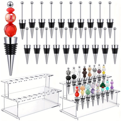 Twenty-Piece Beadable Wine Bottle Stopper Set with Silver-Tone Stems and Clear Two-Tier Display Rack