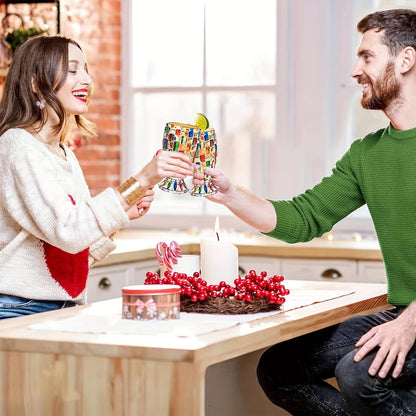 Mosaic-Pattern Drinking Glasses with Footed Bases, Two- or Six-Piece Colorful Goblet Sets for Table Settings