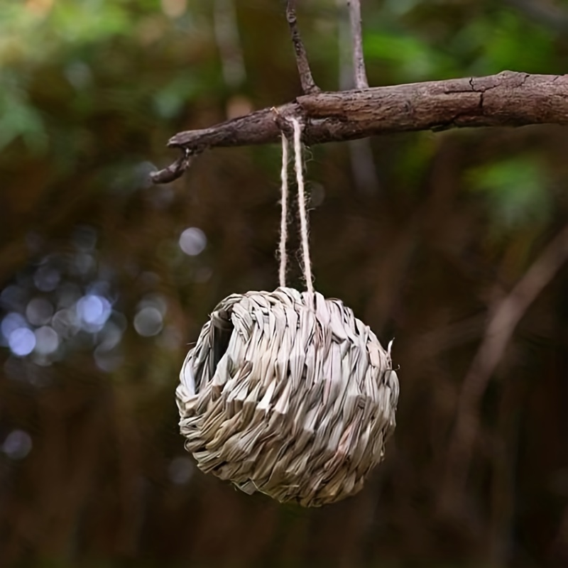 Two-Piece Woven Hanging Bird Nest Set with Round Openings and Optional Pair of Decorative Bird Figures