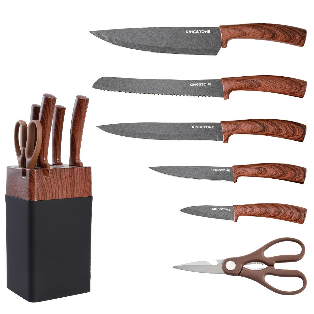 Kitchen Knife Set 7 Pcs with Knife Rack – Stainless Steel Chef Knife, Bread Knife, Replaceable Blade Knife, Multi-Purpose Knife, Fruit Knife & Kitchen Scissors for Home Cooking