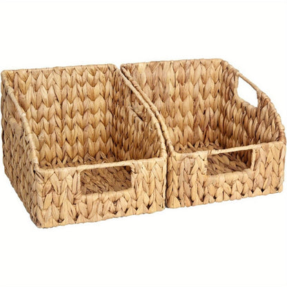 Wicker Storage Baskets 2-Pack - Water Hyacinth & Seagrass Pantry Organizer Bins for Shelves, Kitchen, Bathroom, Bedroom, Boho Home Decor