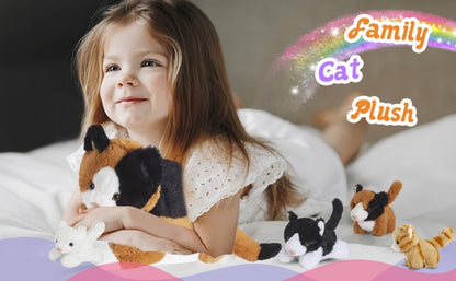 Stuffed Animal Mommy Cat Set with Four Baby Kittens, Five-Piece Family Design and Soft Fabric