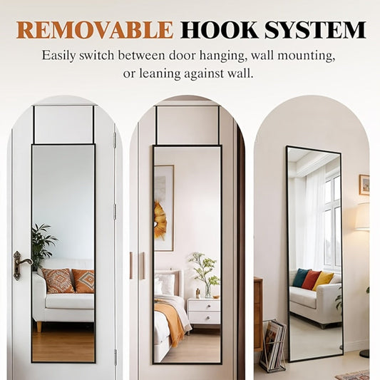 Full Length Mirror 47x14 – Over the Door or Wall Mounted Hanging Mirror, Aluminum Alloy Frame, Full Body Dressing Mirror for Bedroom, Living Room & Entryway, Arched & Rectangular, Black & Gold