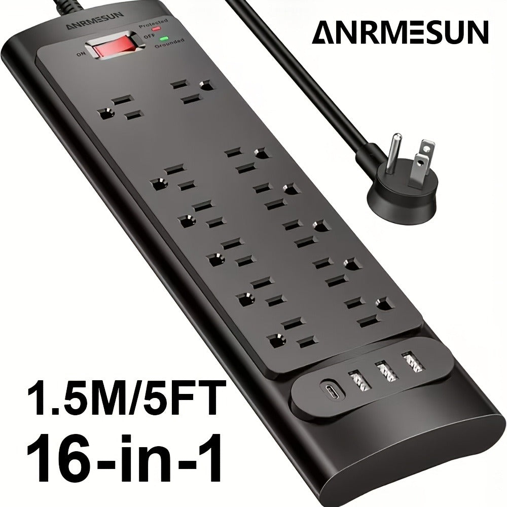 Spacious Outlet Gaming Power Strip 16-in-1 with Control Switch, 12 Wide-Spaced AC Outlets & 4 USB Ports (1 USB-C), Surge Protector, 5ft Extension Cord for TV Monitor Gaming Setup Home Office – Sleek Design