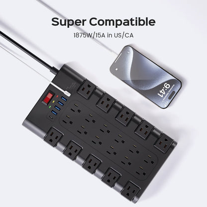 Surge Protector Power Strip 28-in-1 with 22 AC Outlets, 5 USB-A, 1 USB-C, 2100J Rating and 5 to 13 ft Cord Options