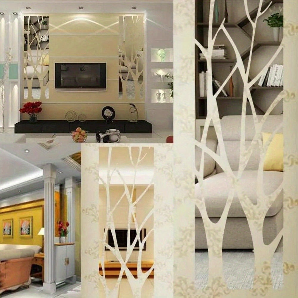 Silver Acrylic Mirror Tree Wall Decal with Branch and Leaf Pieces for a 39.4 x 11.02 in Layout
