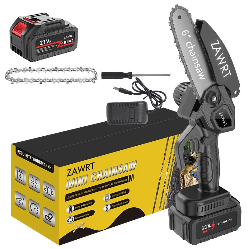 Electric Mini Chainsaw 6-Inch with Debris Guard & Toolbox - Cordless Handheld Pruning Saw with Safety Lock, Rechargeable Battery & Alloy Chain for Tree Pruning, Branch Cutting & Garden Use