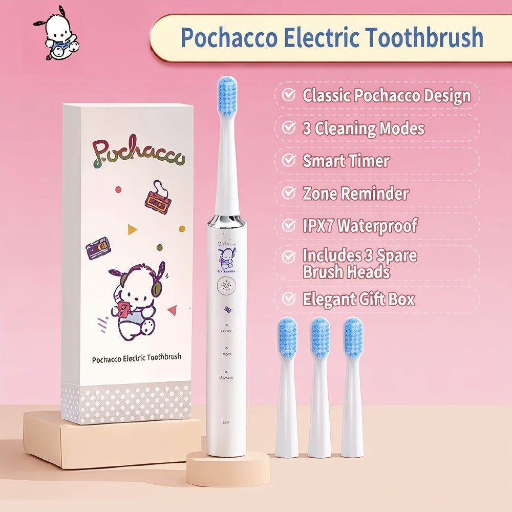 Electric Toothbrush Sanrio Hello Kitty or Pochacco Style with Four Modes, Four Levels and Three Brush Heads