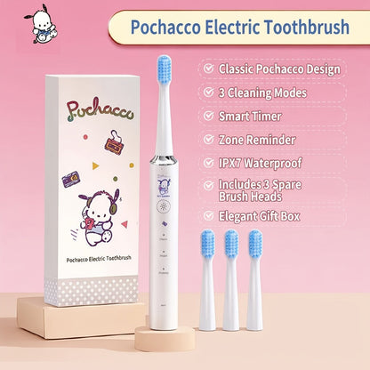 Electric Toothbrush Sanrio Hello Kitty or Pochacco Style with Four Modes, Four Levels and Three Brush Heads
