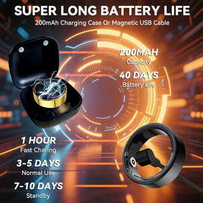 Smart Ring with Health Tracking & Charging Case – Step Count Calorie & Sleep Monitor | Long Battery | iOS & Android | Sizes #7–13 | Black Silver Gold | Minimalist Fitness Wearable Gift