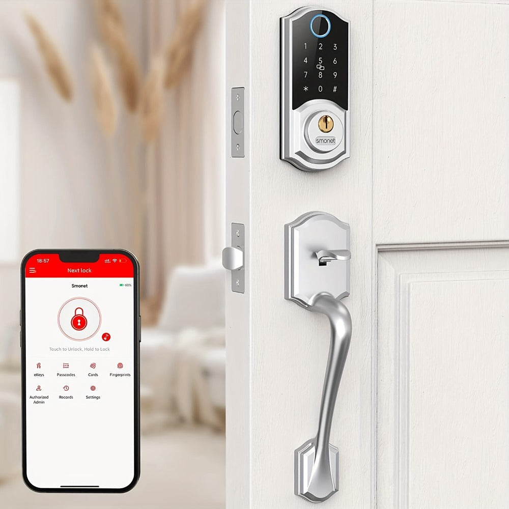 Smart Door Lock SMONET Fingerprint Keypad Bluetooth Deadbolt Handle Set in Bronze Black or Silver