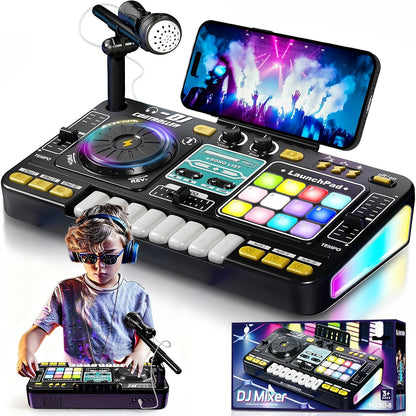 Kids DJ Mixer Toy Set with LED Lights, Microphone & Piano Keys, 100+ Sound Effects, Disco Mode, Rechargeable, Interactive Music Toy for Boys & Girls, Birthday Christmas Gift for Children Ages 3+, Black