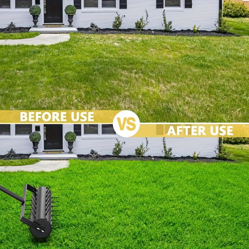 Seventeen-Inch Manual Lawn Punch Aerator with Long Black Handle and Visible Spiked Roller Design
