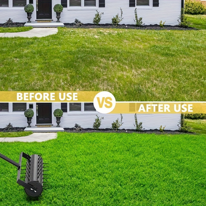 Seventeen-Inch Manual Lawn Punch Aerator with Long Black Handle and Visible Spiked Roller Design