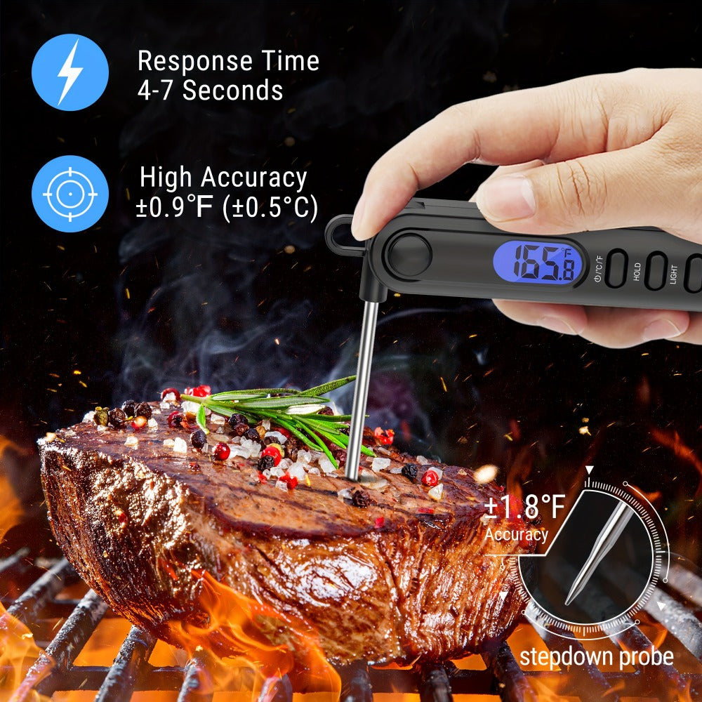 Black Folding Digital Food Thermometer with Backlit Display, Magnetic Back, Hanging Loop and One- or Two-Piece Options