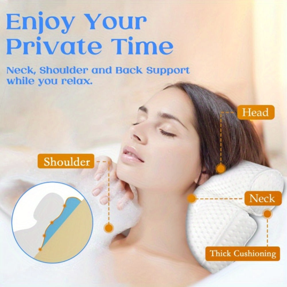 Two-Piece Bathtub Neck and Back Cushion with Six Suction Cups, Hanging Hook and White Mesh Cover