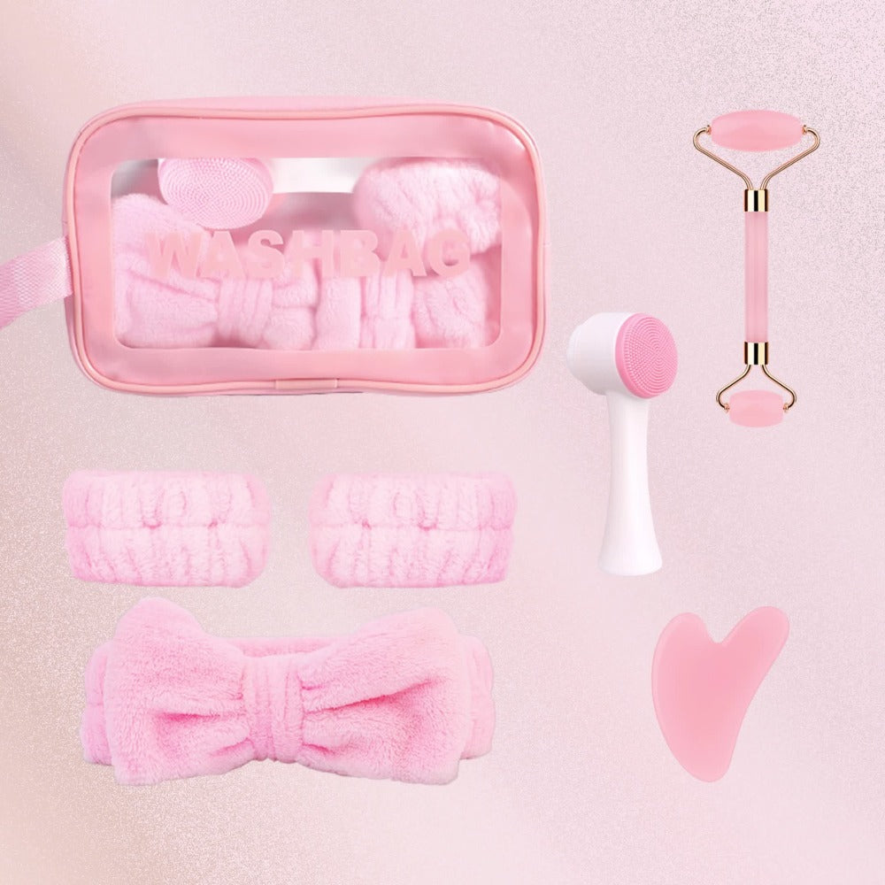 7-Piece Facial Cleansing Accessory Set with Wash Bag, Headband, Wristbands, Face Brush and Roller