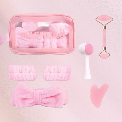 7-Piece Facial Cleansing Accessory Set with Wash Bag, Headband, Wristbands, Face Brush and Roller