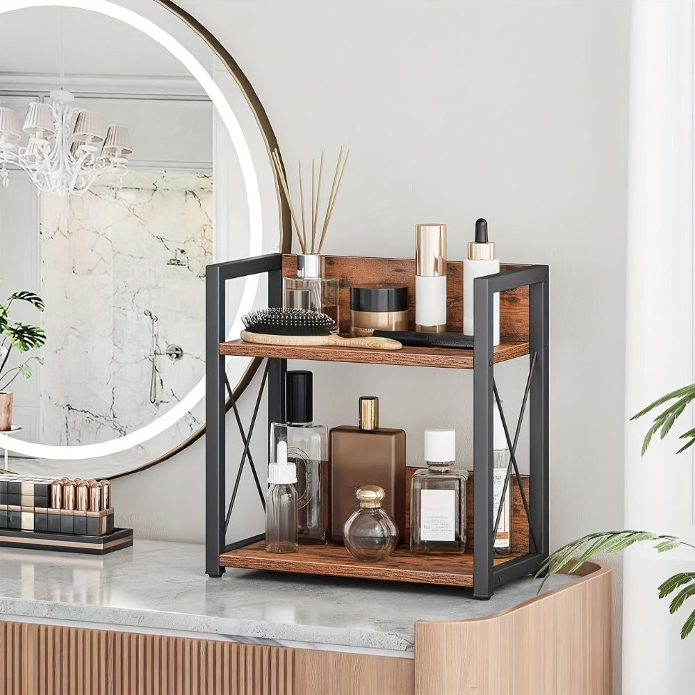 Two-Shelf Countertop Spice Rack with Wood-Look Panels, Black X-Braced Frame and Yellow Checkout
