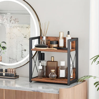 Two-Shelf Countertop Spice Rack with Wood-Look Panels, Black X-Braced Frame and Yellow Checkout