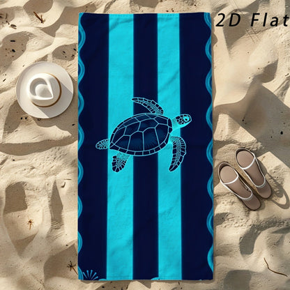 Sea Turtle Beach Towel, Blue Striped Nautical Print, Soft Absorbent Microfiber, Stylized Wave Pattern, Ideal for Beach Trips, Pool Days & Summer Vacations, Lightweight Coastal Design