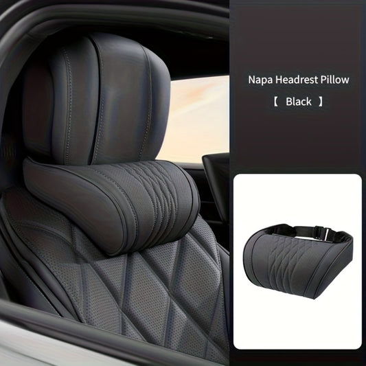Car Neck Pillow Nappa Leather Headrest – Memory Foam Lumbar Support with Embroidery, All-Season Universal Car Interior Accessory