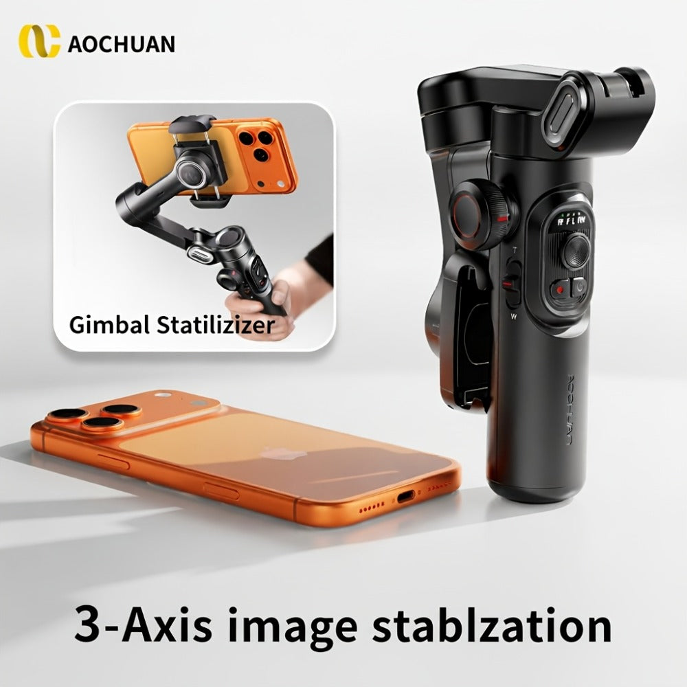 AOCHUAN Foldable 3-Axis Gimbal Stabilizer with Extendable Pole & Panoramic Gesture Control – AI Face Tracking Phone Gimbal, Magnetic Wireless Remote, 360° Rotation for Vlogging, Live Streaming & Travel
