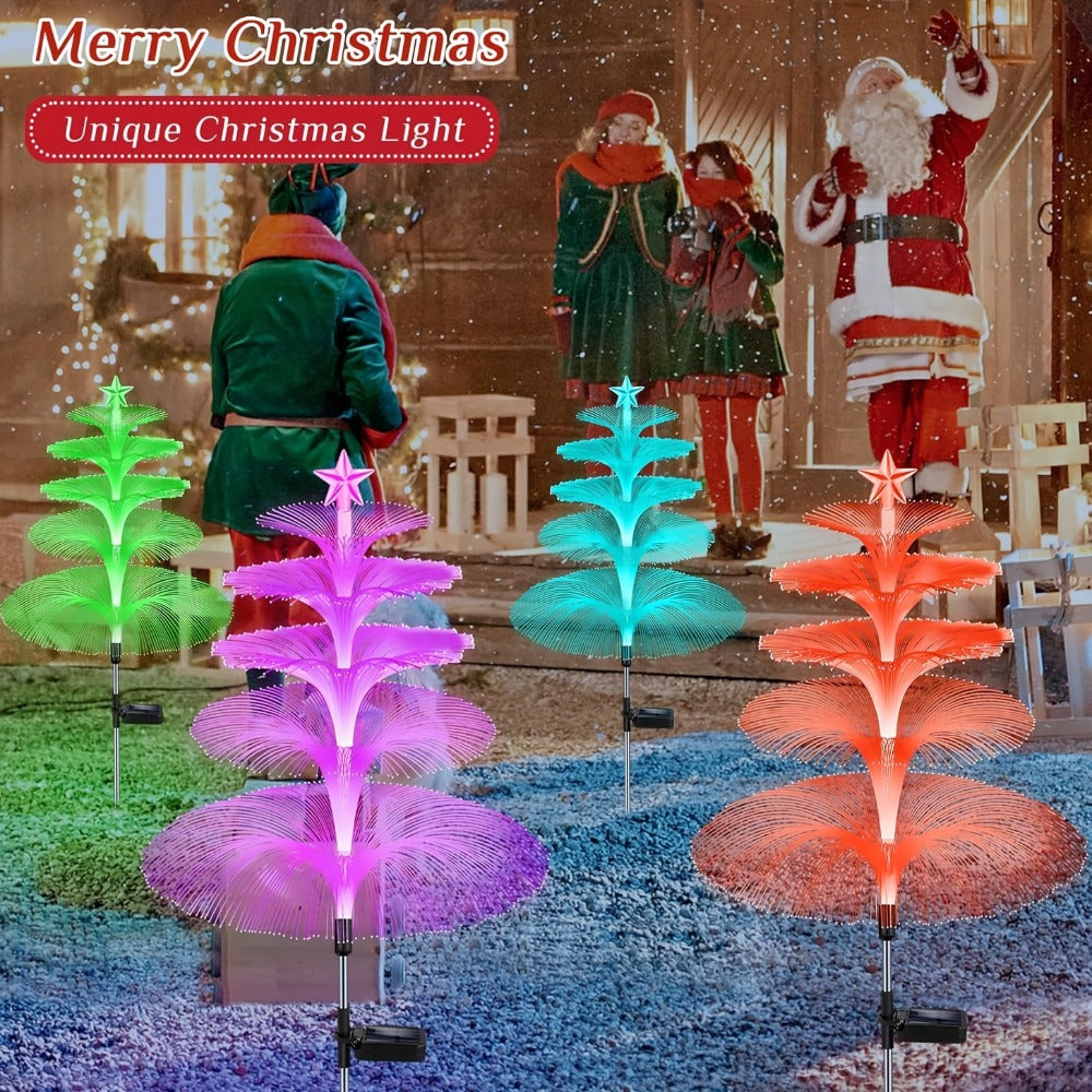 Solar Garden Light Fiber Optic Christmas Tree Stakes with 7-Color LEDs and 2 or 5-Layer Star Options