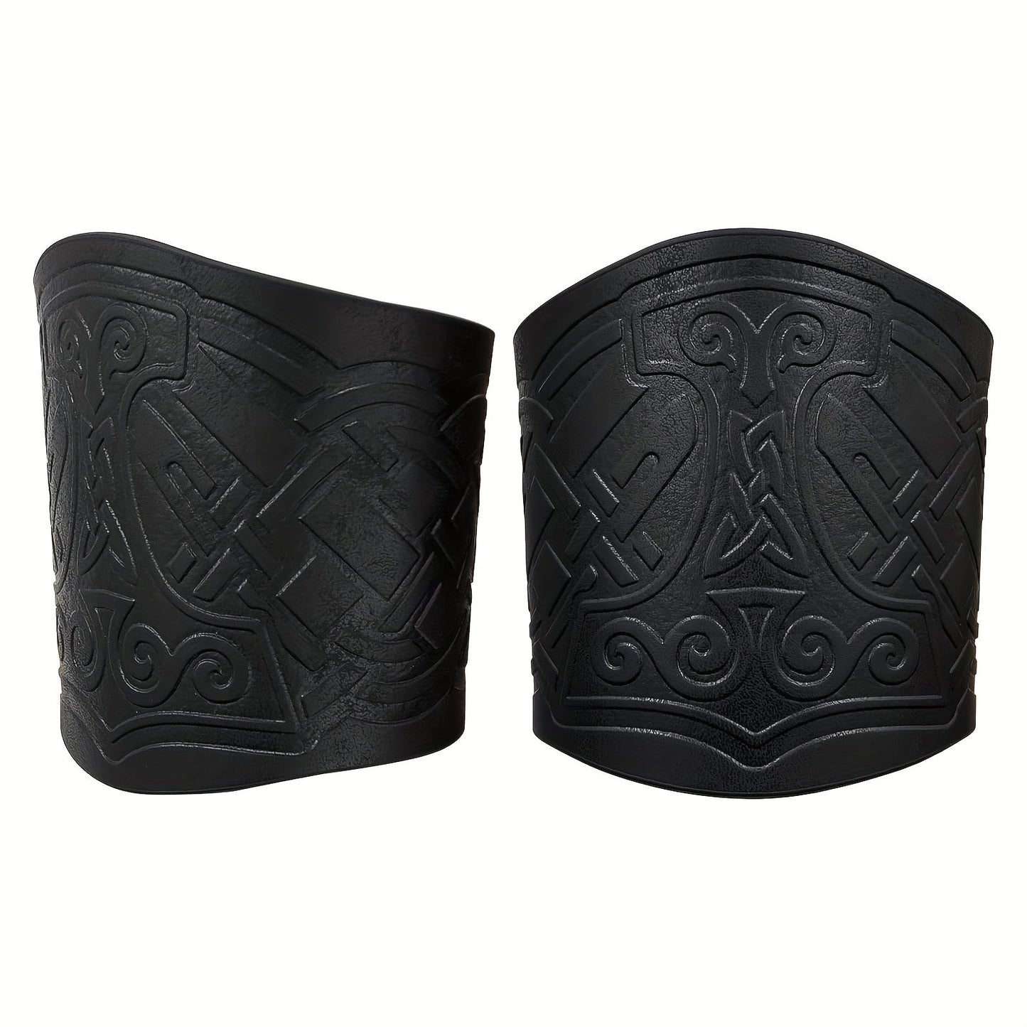 Viking Leather Cuff Bracelet Set 2pcs Norse Mythology Mjolnir Vegvisir Embossed Wristband for Men Women Halloween Gift