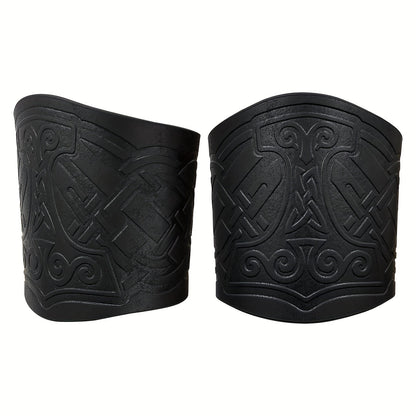 Viking Leather Cuff Bracelet Set 2pcs Norse Mythology Mjolnir Vegvisir Embossed Wristband for Men Women Halloween Gift
