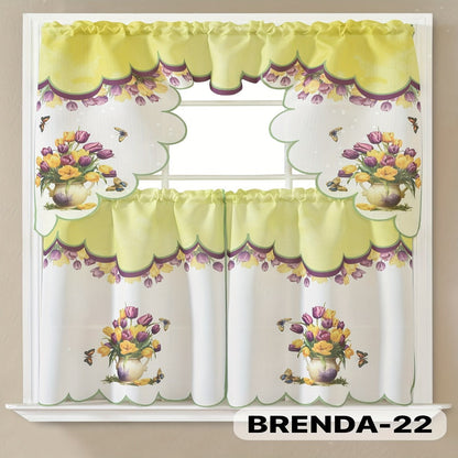 Three-Piece Patterned Kitchen Curtain Set with One Valance, Two Tiers and Forty-Six Exact Design Options