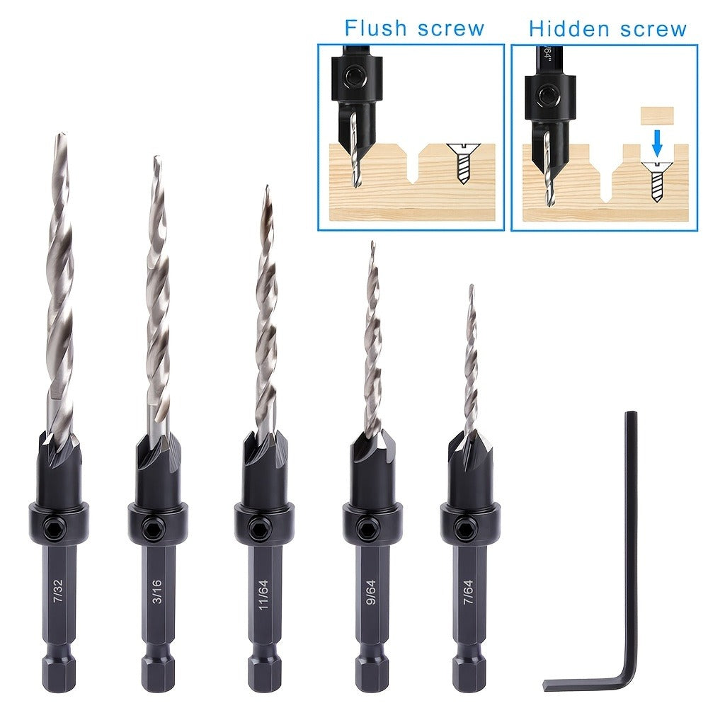 5pcs Countersink Drill Bit Set #4 #6 #8 #10 #12 Tapered with 1/4" Hex Shank Quick-Change – Adjustable Wood Counter Sinker Bits with Allen Wrench for Woodworking